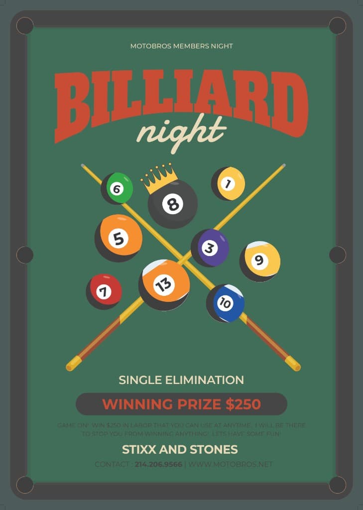 MotoBros Billiard Night member event flyer — Stixx and Stones