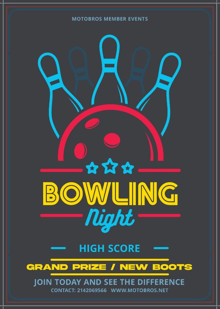 MotoBros Bowling Night member event flyer