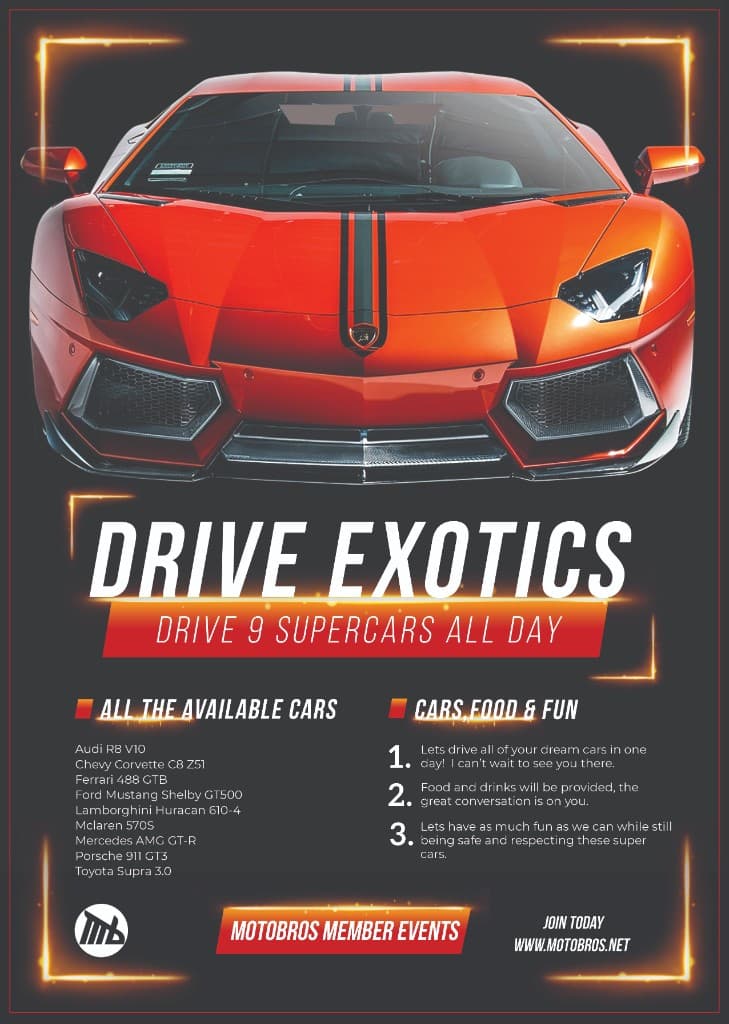 MotoBros Drive Exotics member event flyer