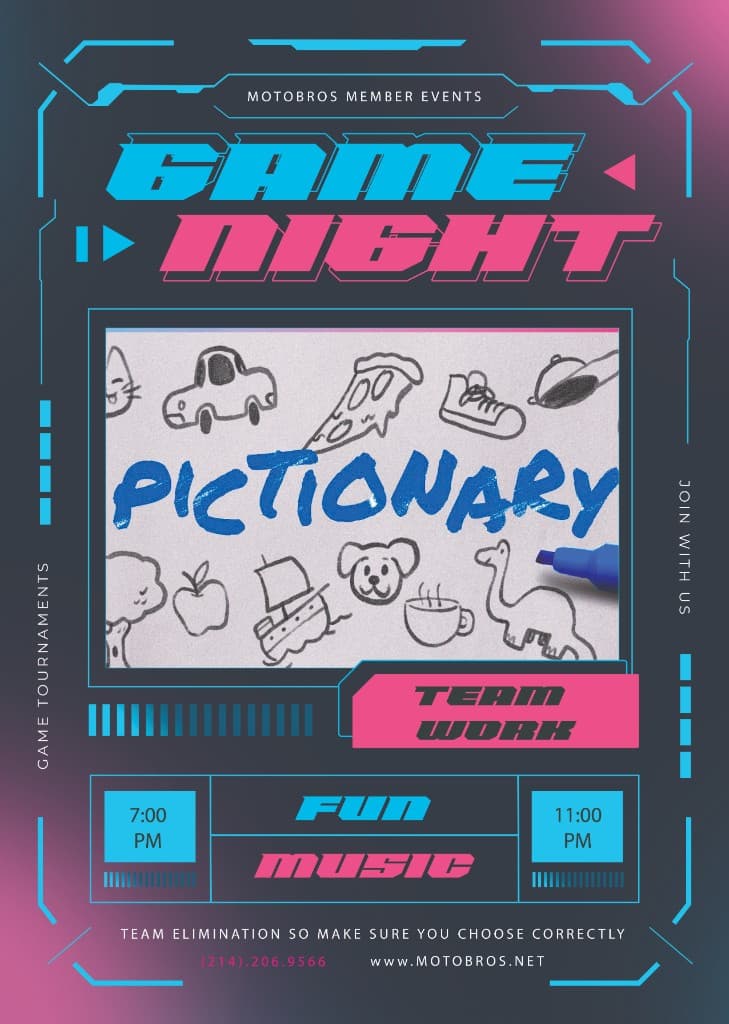 MotoBros Game Night Pictionary member event flyer