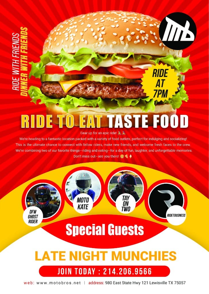 MotoBros Ride to Eat Late Night Munchies member event flyer