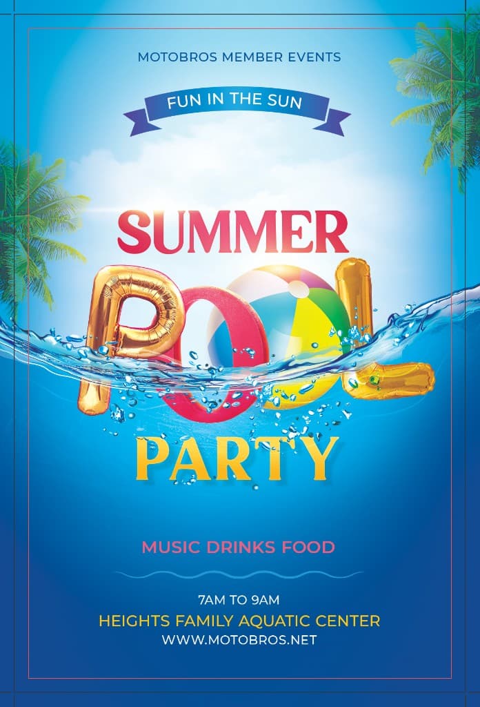 MotoBros Summer Pool Party member event flyer — Heights Family Aquatic Center