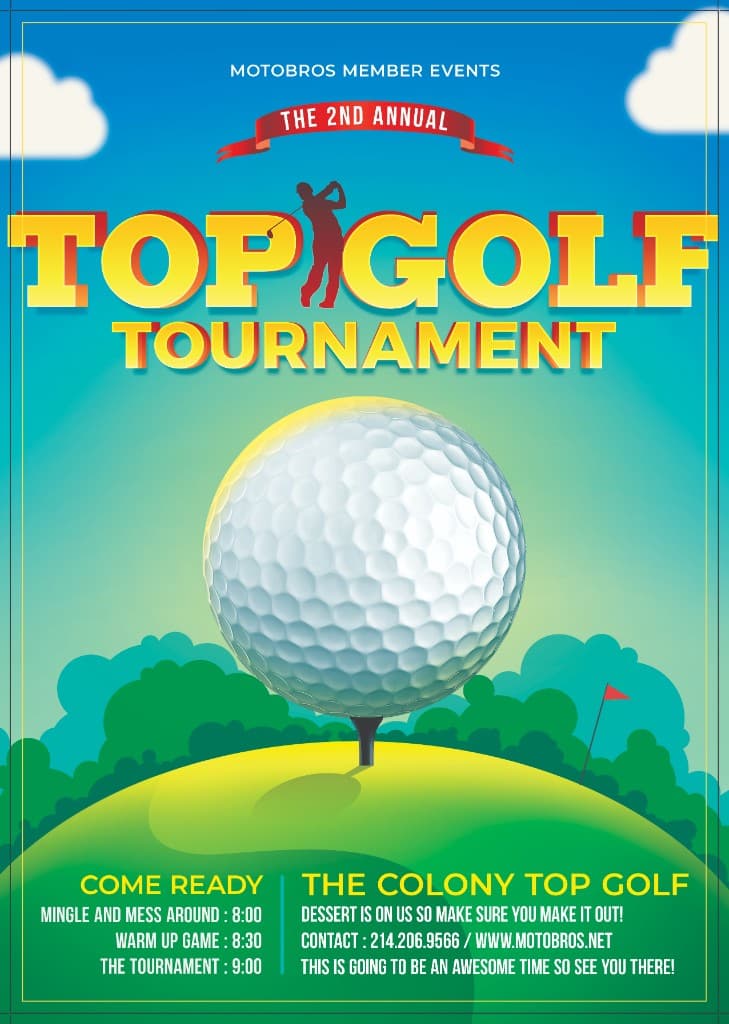 MotoBros 2nd Annual Top Golf Tournament member event flyer — The Colony Top Golf