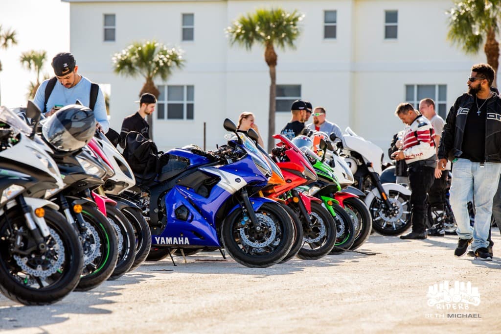 MotoBros members lined up on sportbikes at a group ride meetup