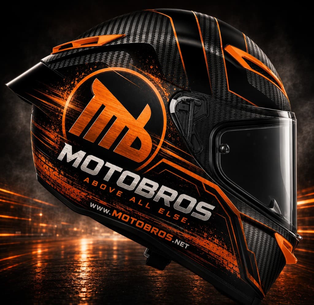 MotoBros branded helmet with carbon fiber and orange accents