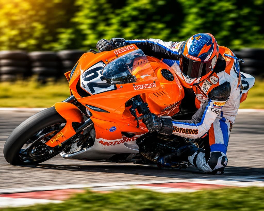 MotoBros rider on an orange #62 sportbike leaning deep into a corner