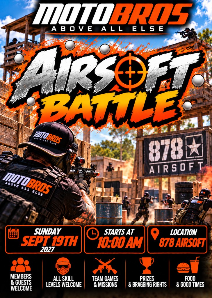 MotoBros Airsoft Battle flyer at 878 Airsoft, Sunday September 19 2027 at 10:00 AM