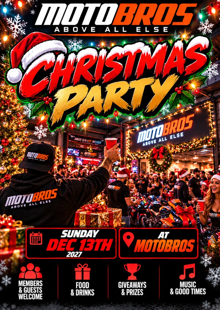 MotoBros Christmas Party flyer at the shop, December 13 2027