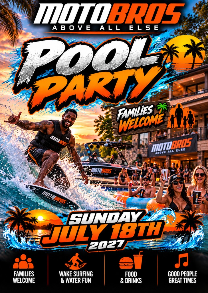 MotoBros Pool Party flyer at Epic Waters, Sunday July 18 2027